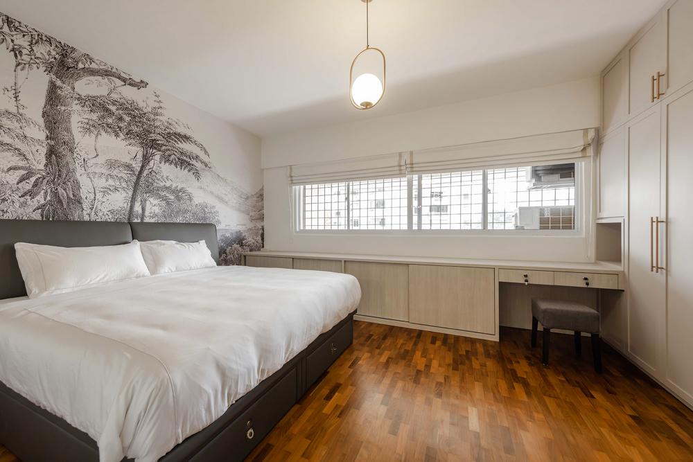 Transitional Bedroom with Parquet Floor and Wardrobe