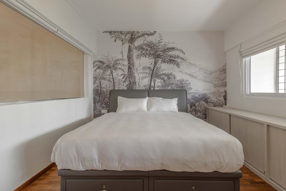 Transitional Bedroom with Parquet Floor and Wallpaper
