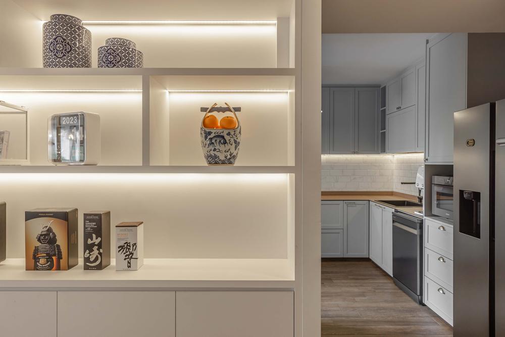 Transitional Hallway with Storage Cabinets and Display Cabinets