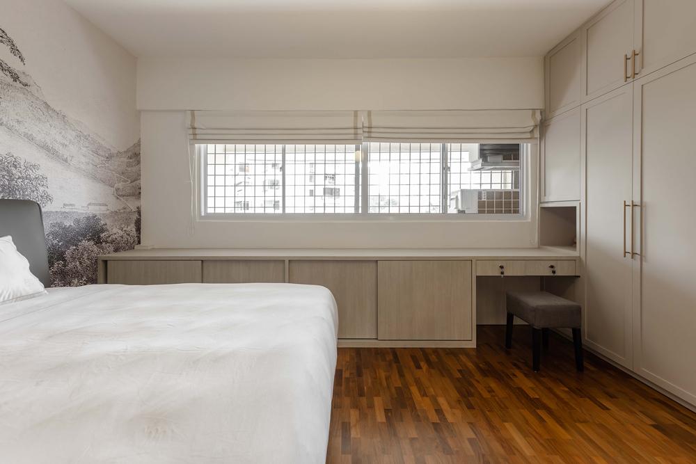 Transitional Bedroom with Parquet Floor and Wallpaper
