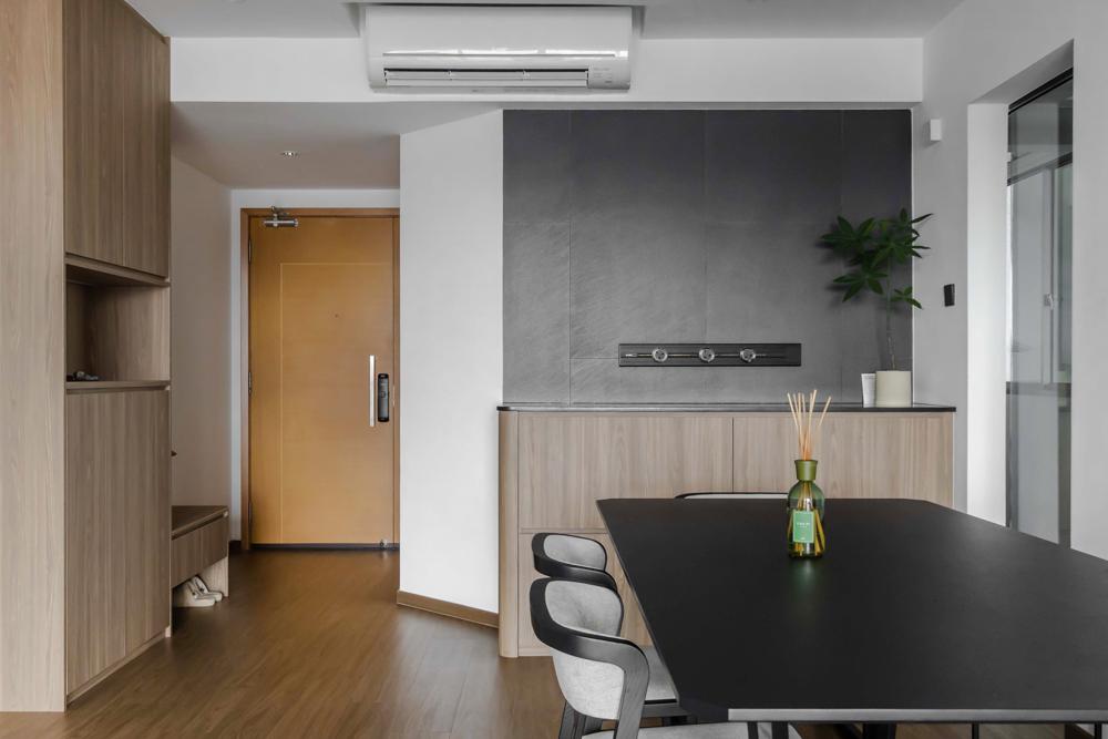 Contemporary Dining Room with Vinyl Flooring and Feature Wall