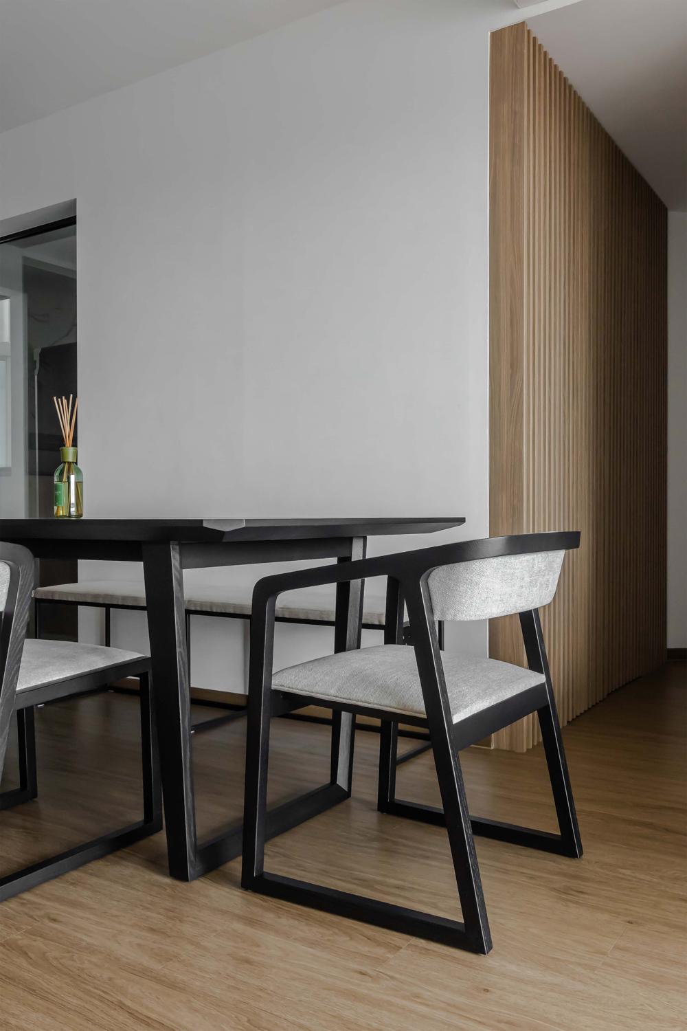 Contemporary Dining Room with Vinyl Flooring and Feature Wall