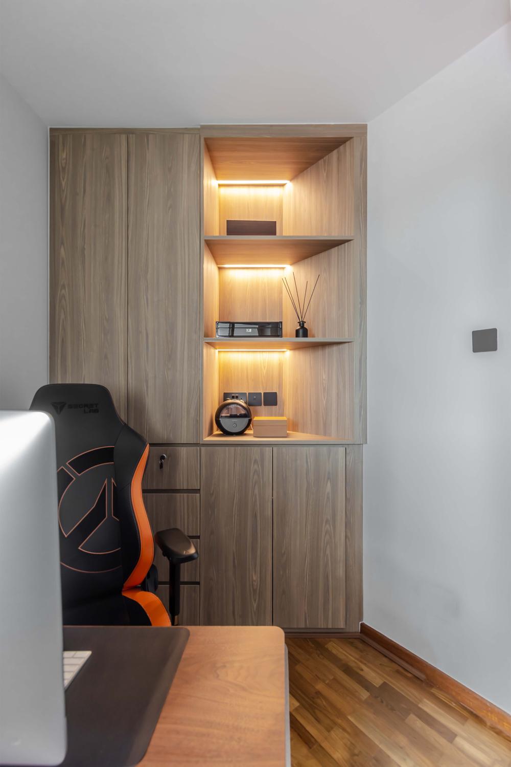 Contemporary Home Office with Bookshelf and Storage Cabinets