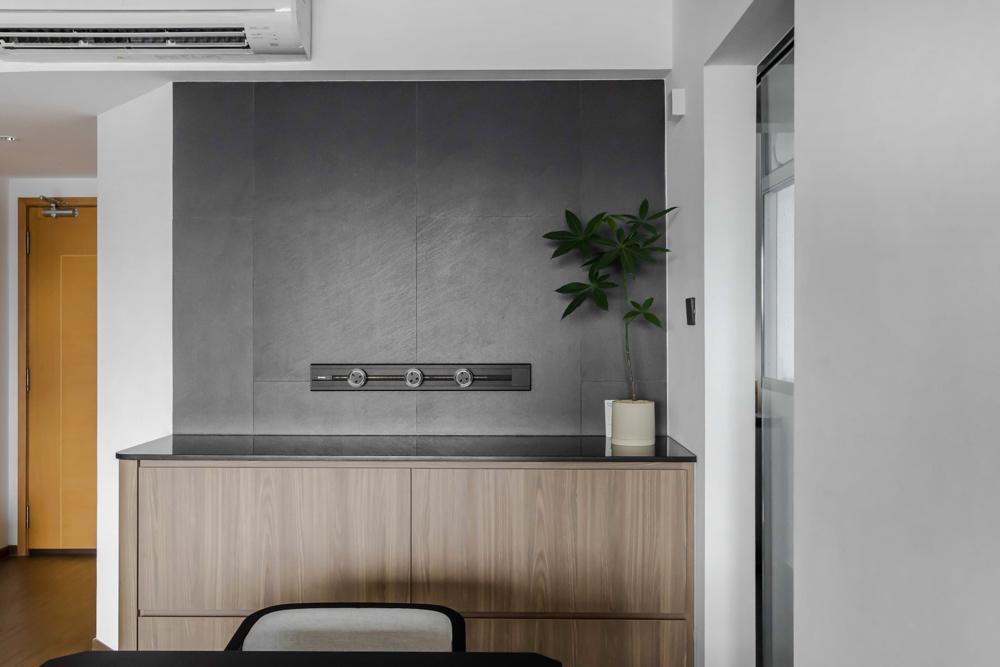 Contemporary Dining Room with Feature Wall and Storage Cabinets