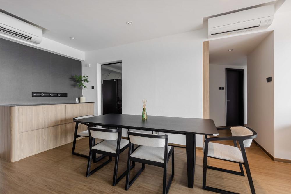 Contemporary Dining Room with Vinyl Flooring and Feature Wall
