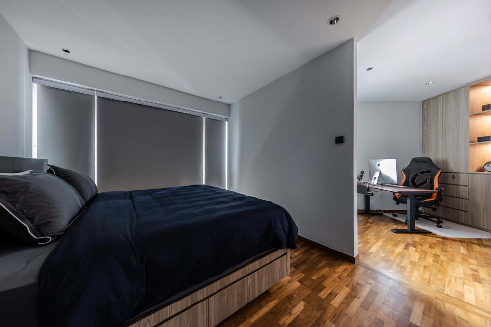 Contemporary Bedroom with Bookshelf and Parquet Floor