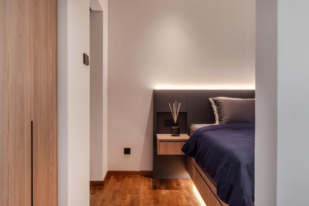 Contemporary Bedroom with Parquet Floor and Built-in Bed
