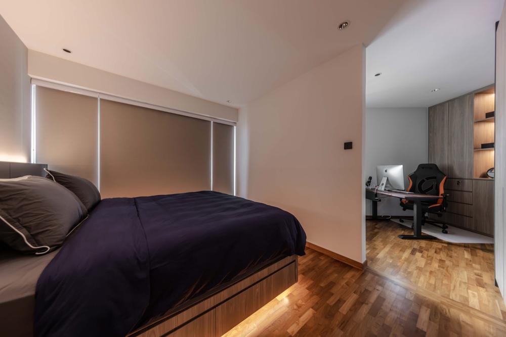 Contemporary Bedroom with Bookshelf and Parquet Floor