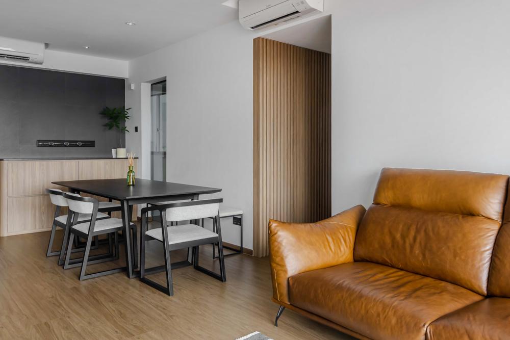 Contemporary Dining Room with Vinyl Flooring and Feature Wall