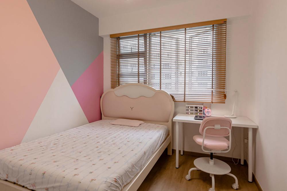 Scandinavian Bedroom with Vinyl Flooring and Paintings