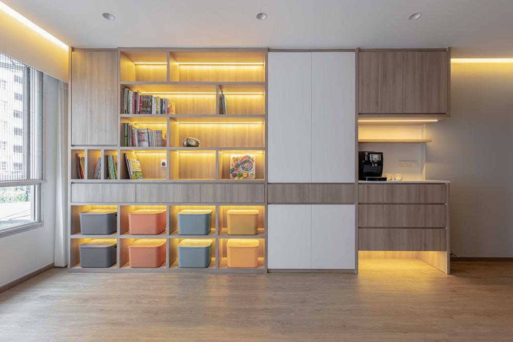 Scandinavian Living Room with Vinyl Flooring and Storage Cabinets