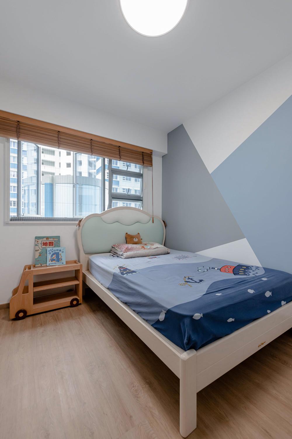 Scandinavian Bedroom with Vinyl Flooring and Paintings