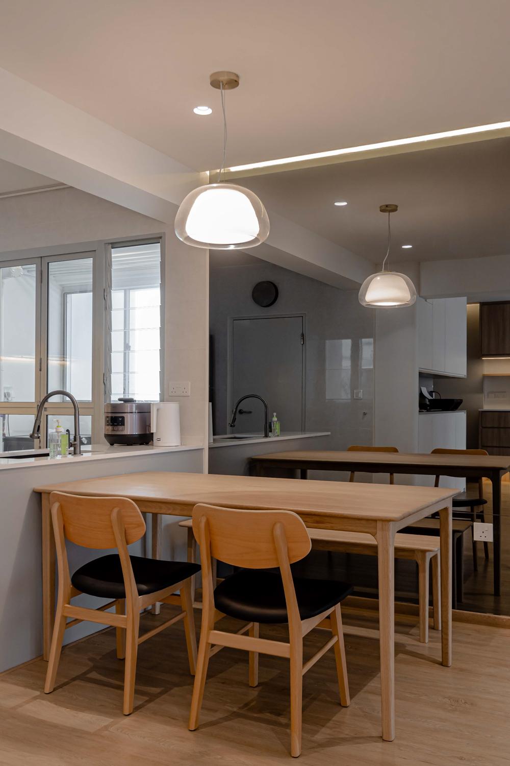 Scandinavian Dining Room with Vinyl Flooring and Mirror