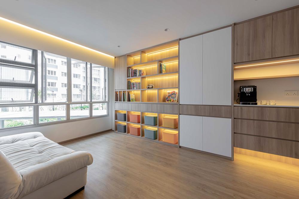 Scandinavian Living Room with Bookshelf and Vinyl Flooring