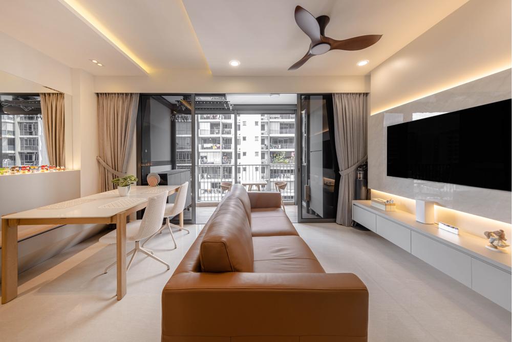 Modern Living Room with Homogeneous Tiles and TV Console
