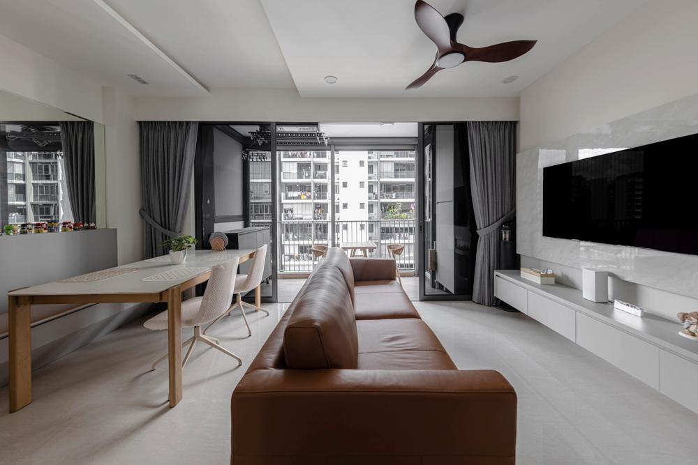 Modern Living Room with Homogeneous Tiles and TV Console