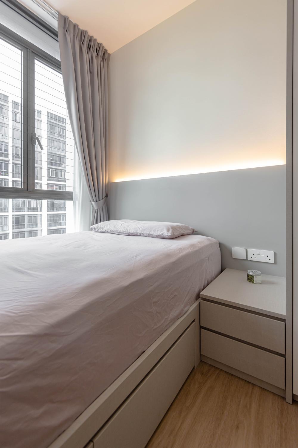 Modern Bedroom with Vinyl Flooring and Built-in Bed