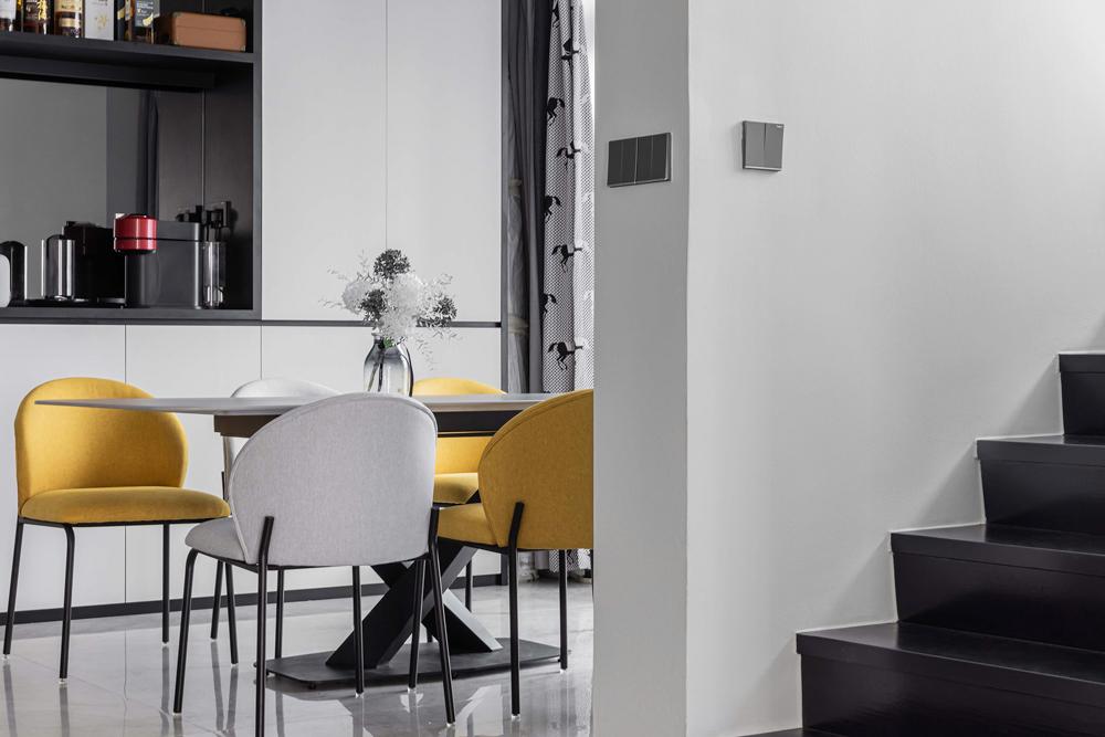 Modern Dining Room with Marble Floor and Storage Cabinets