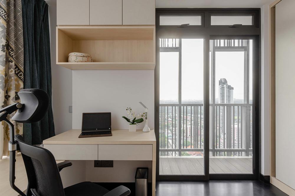 Modern Bedroom with Bookshelf and Computer Table