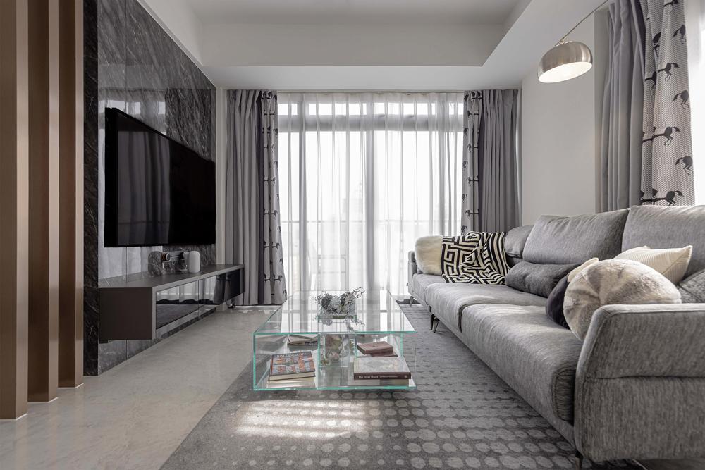 Modern Living Room with TV Console and Curtain