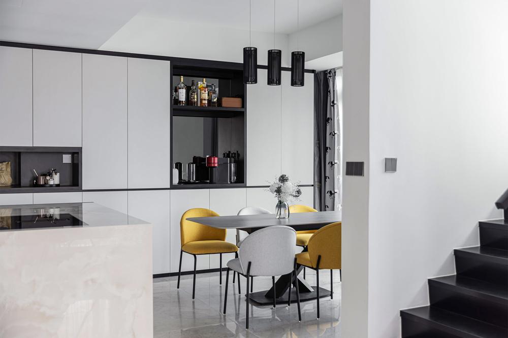 Modern Dining Room with Marble Floor and Storage Cabinets