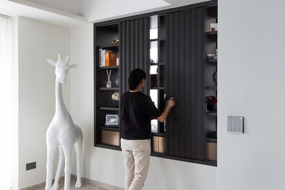Modern Living Room with Marble Floor and Display Cabinets