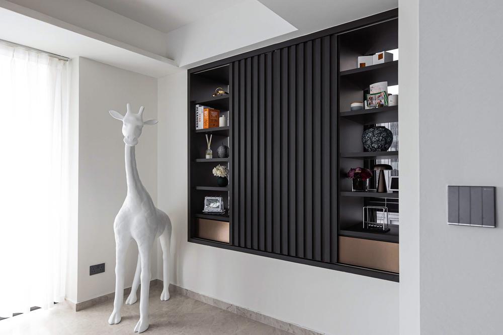 Modern Living Room with Marble Floor and Display Cabinets