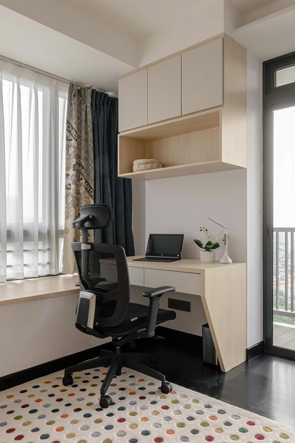 Modern Bedroom with Bookshelf and Bay Window