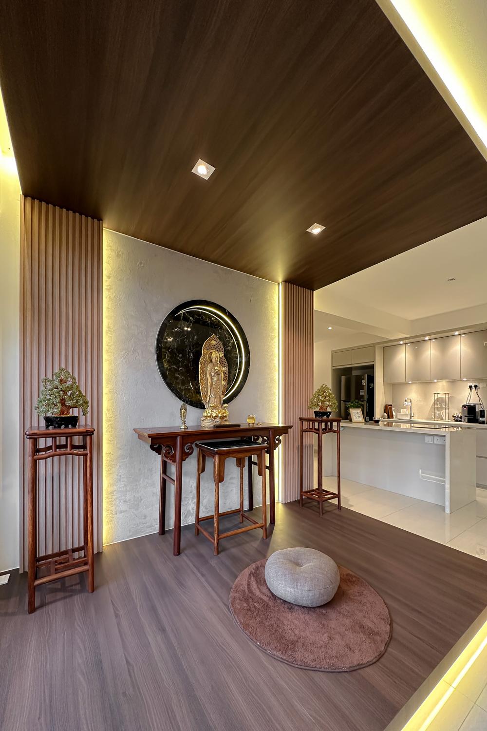 Asian Living Room with Feature Wall and Cove Lighting