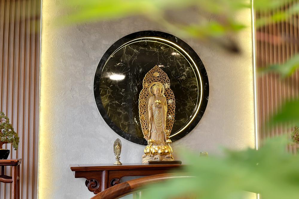 Asian Living Room with Feature Wall and Altar