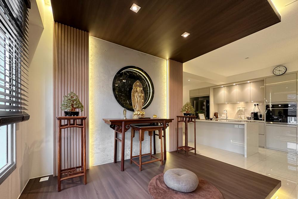 Asian Living Room with Feature Wall and Altar