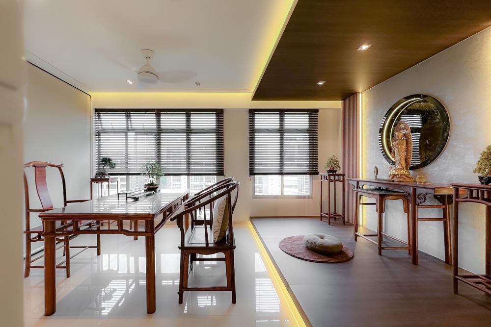 Asian Living Room with Feature Wall and Cove Lighting