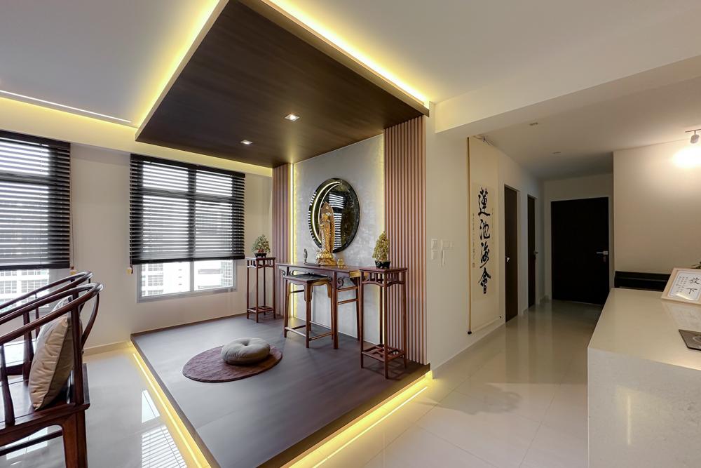 Asian Living Room with Feature Wall and Cove Lighting