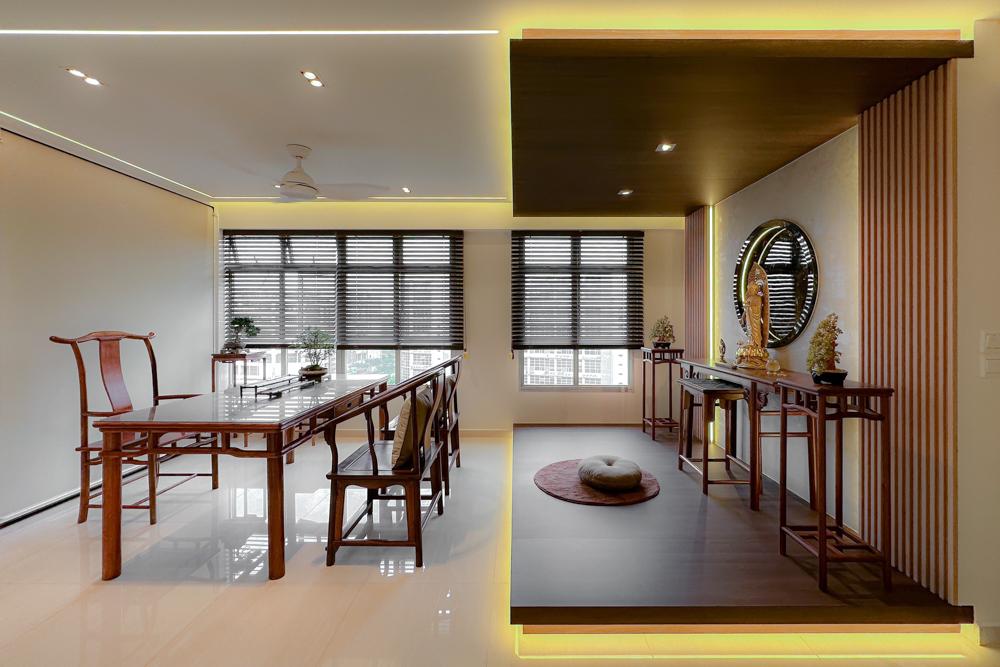 Asian Living Room with Cove Lighting and Altar