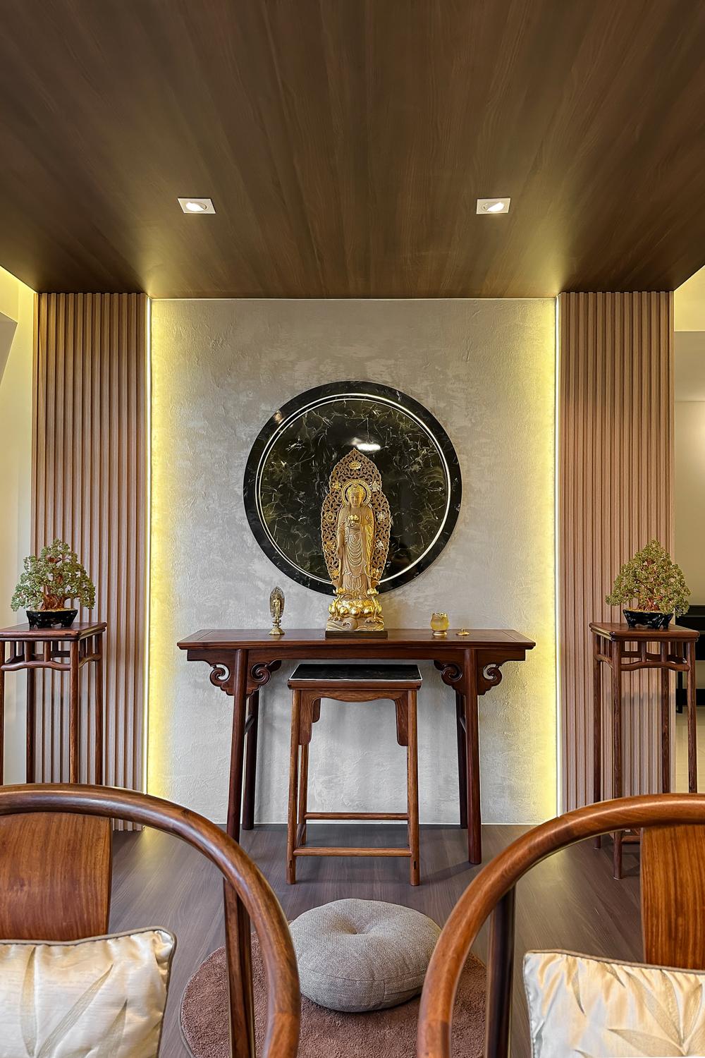 Asian Living Room with Feature Wall and Altar