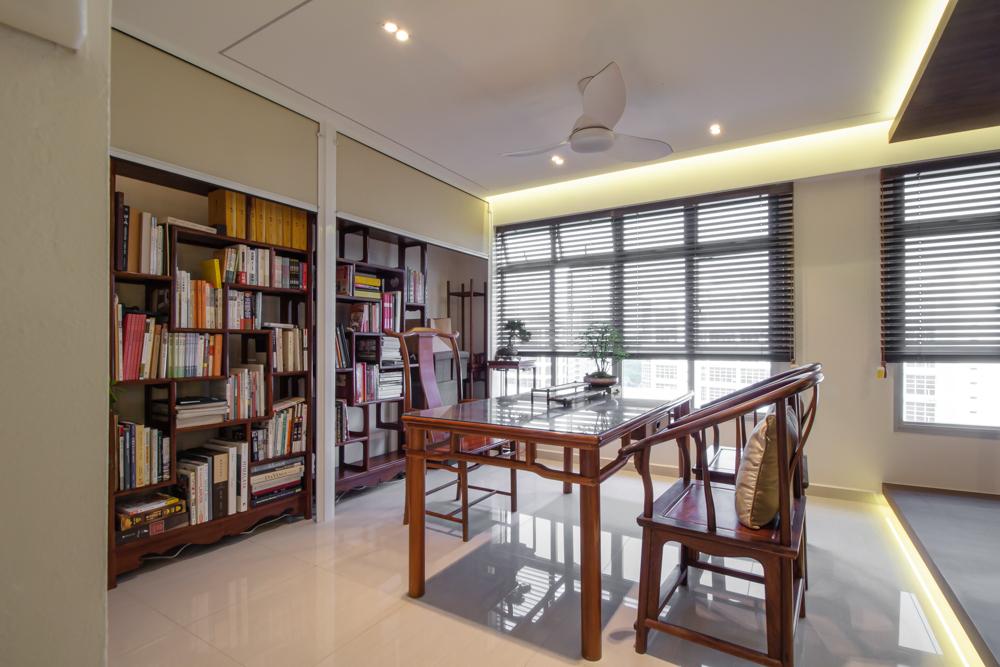 Asian Living Room with Bookshelf and Cove Lighting
