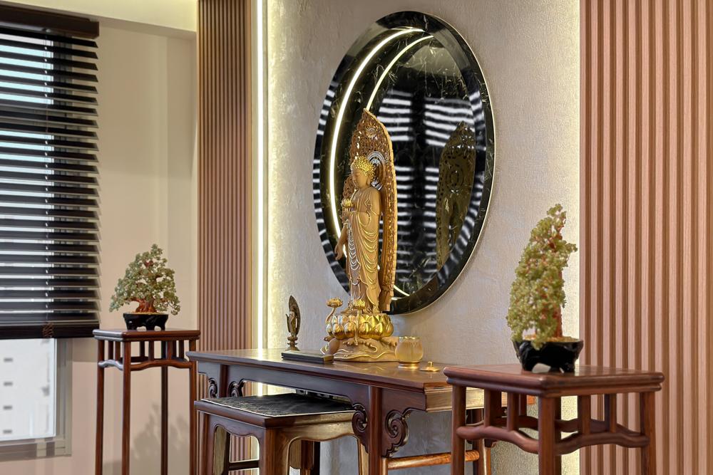 Asian Living Room with Feature Wall and Altar