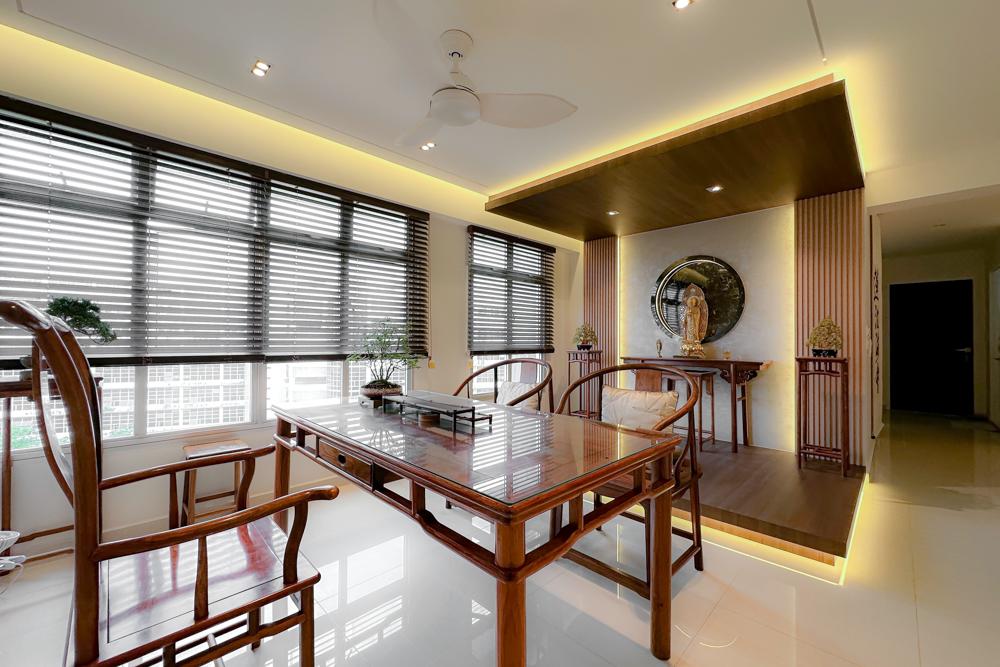 Asian Living Room with Feature Wall and Cove Lighting