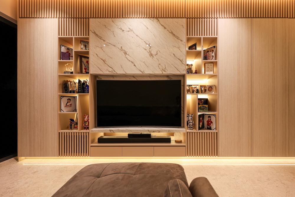 Modern Living Room with Cove Lighting and Storage Cabinets