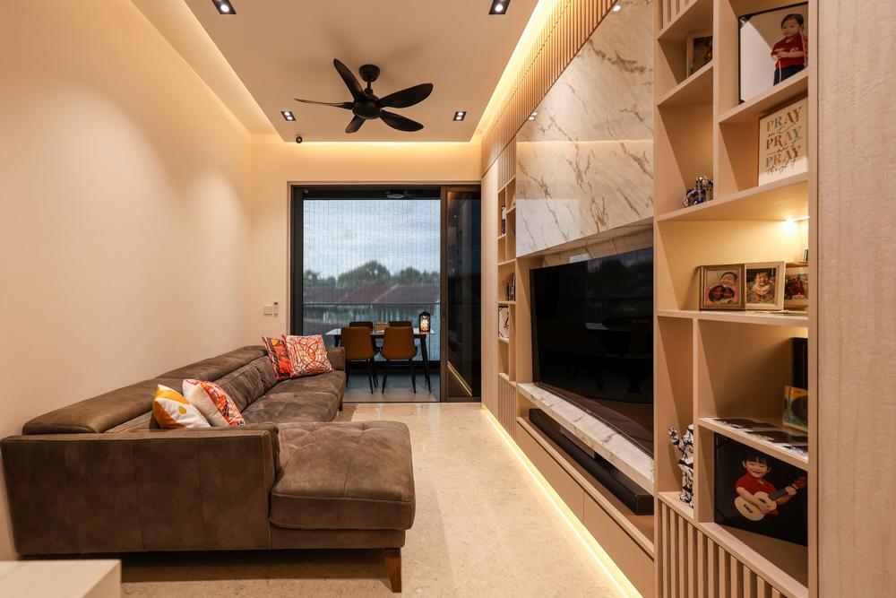 Modern Living Room with Cove Lighting and Storage Cabinets