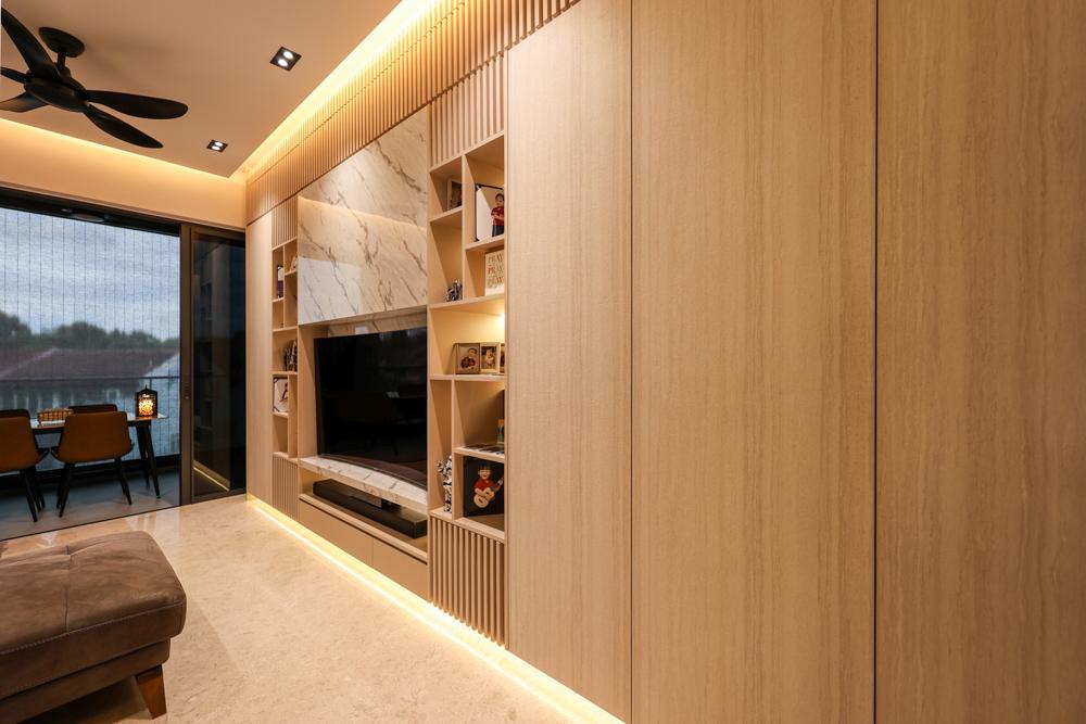 Modern Living Room with Cove Lighting and Storage Cabinets