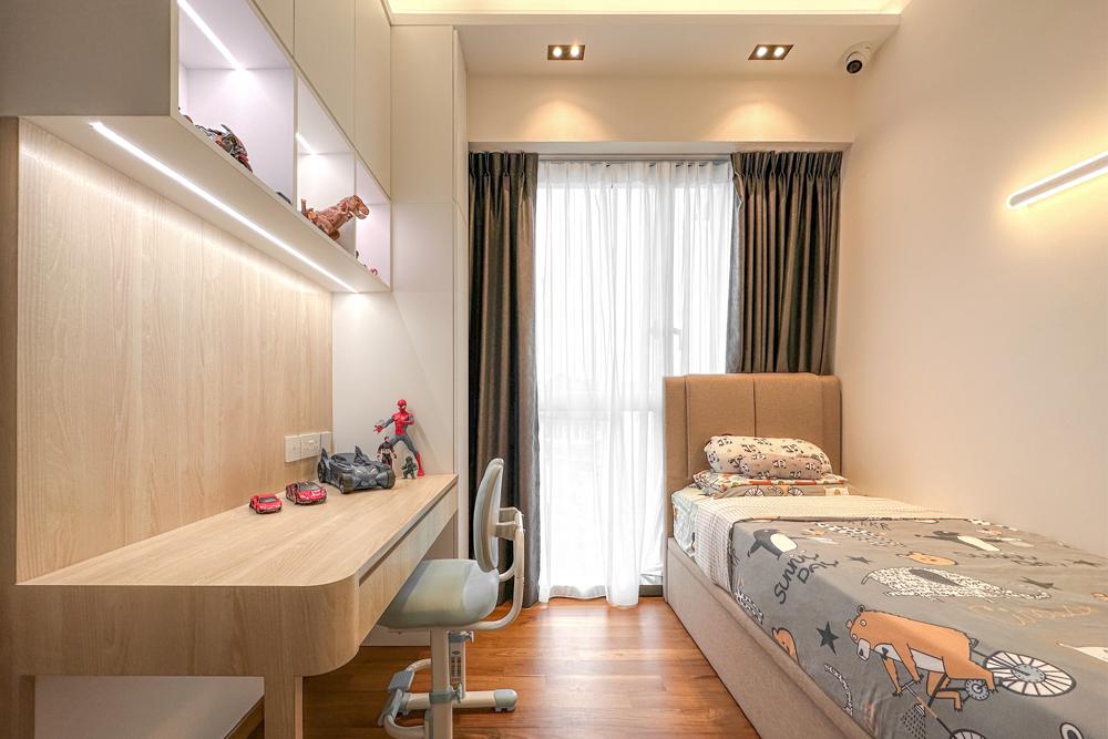 Modern Bedroom with Bookshelf and Storage Cabinets