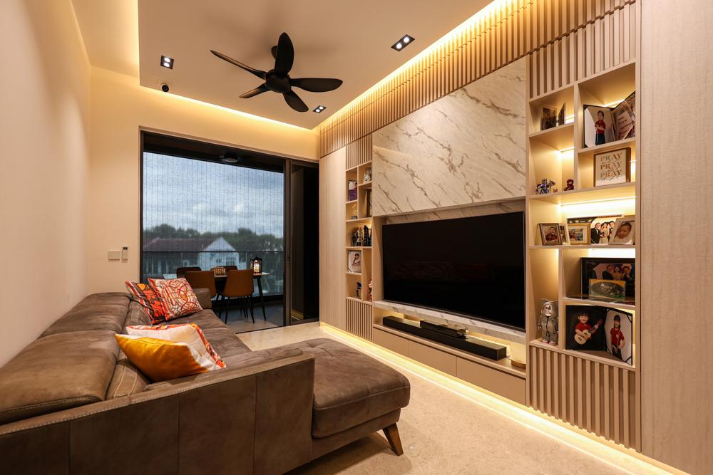 Modern Living Room with Cove Lighting and Storage Cabinets