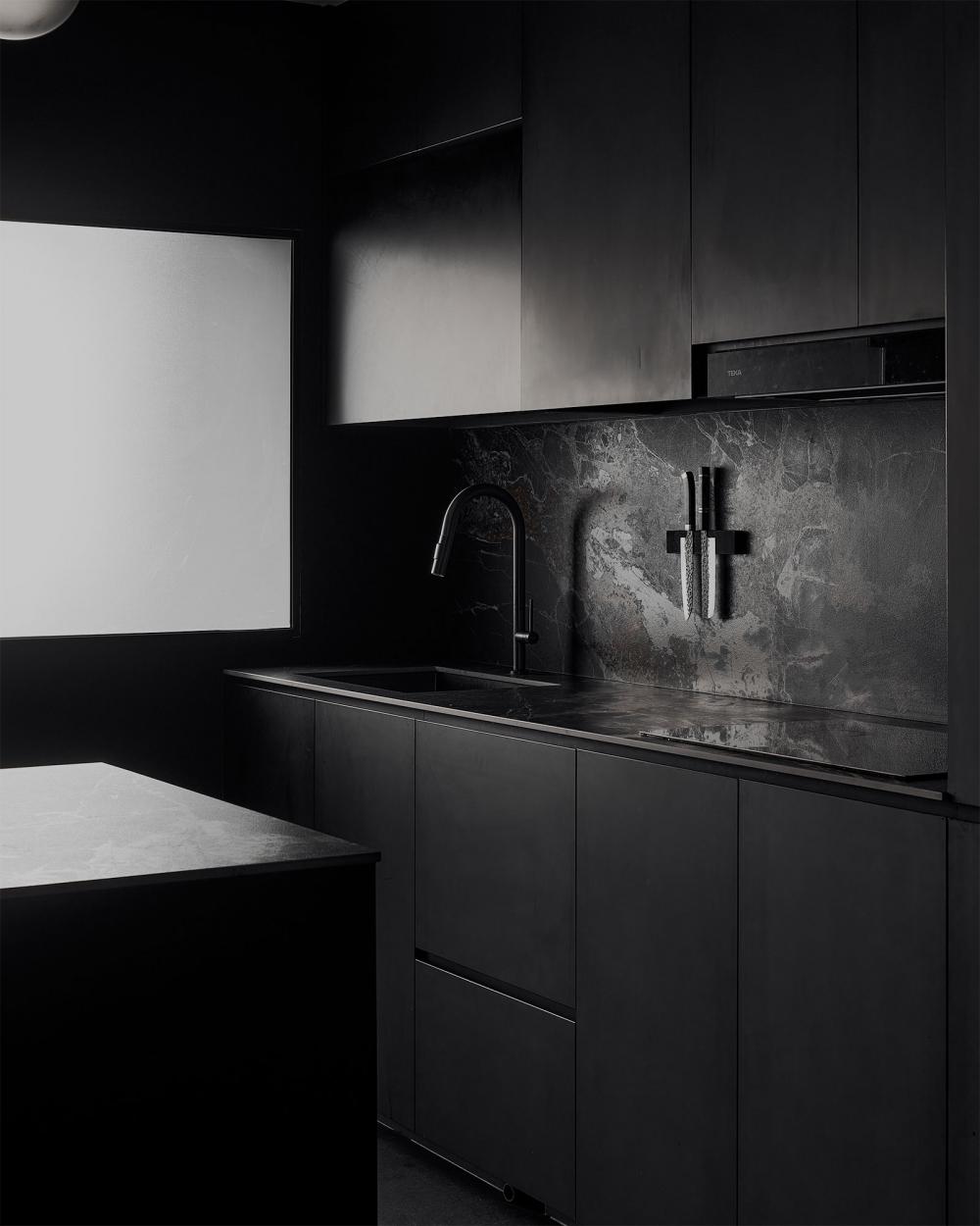 Contemporary Kitchen with Granite Floor and Breakfast Counter