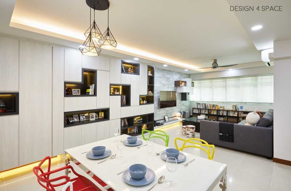 Modern Living Room with Homogeneous Tiles and Feature Wall