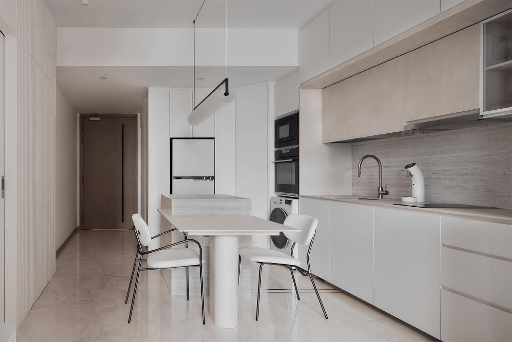 Minimalist Kitchen with Herringbone Tiling and Marble Floor