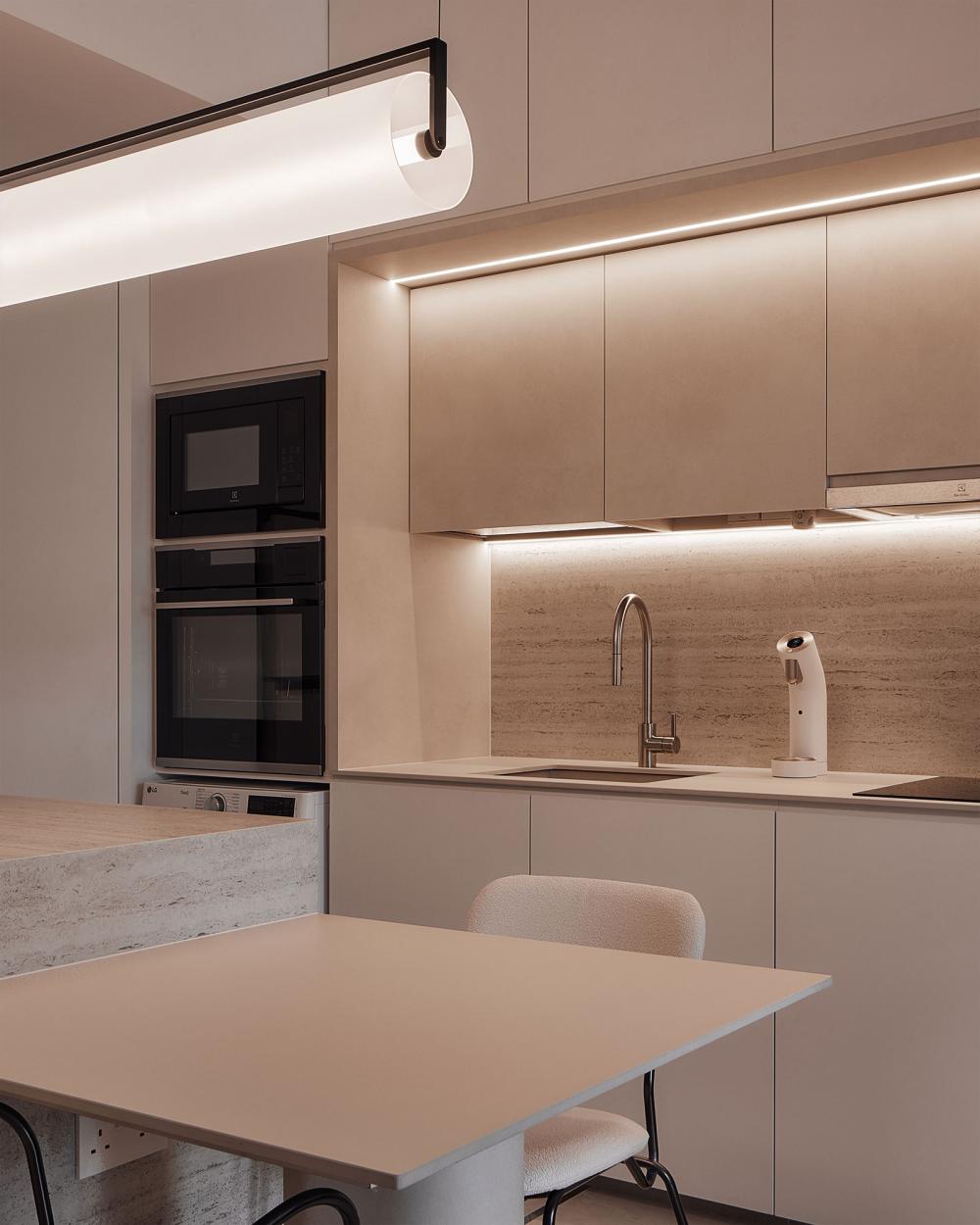 Minimalist Kitchen with Herringbone Tiling and Granite Floor
