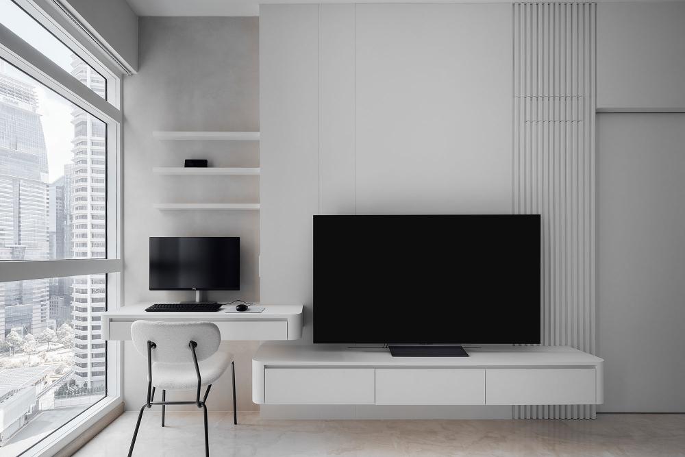 Minimalist Living Room with Mirror and Roller Blinds