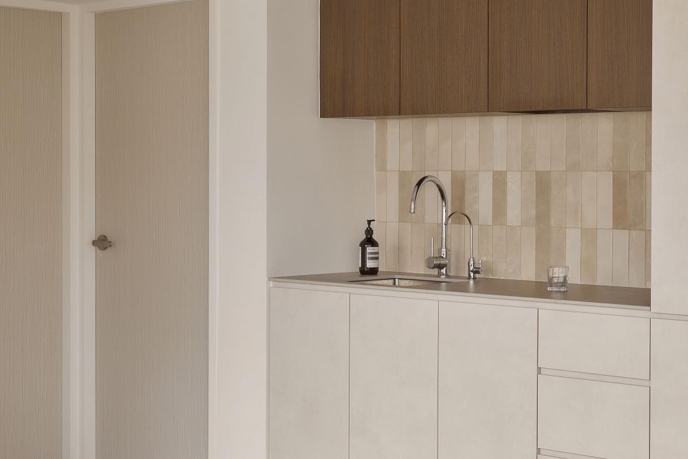 Minimalist Kitchen with Granite Floor and Marble Floor