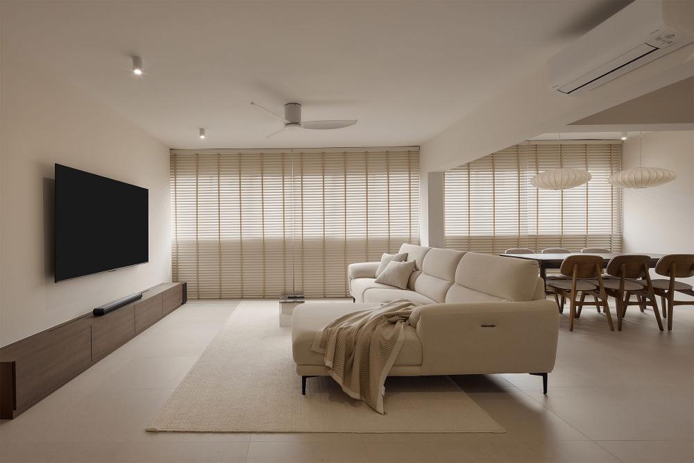 Minimalist Living Room with Cement Floor and Marble Floor
